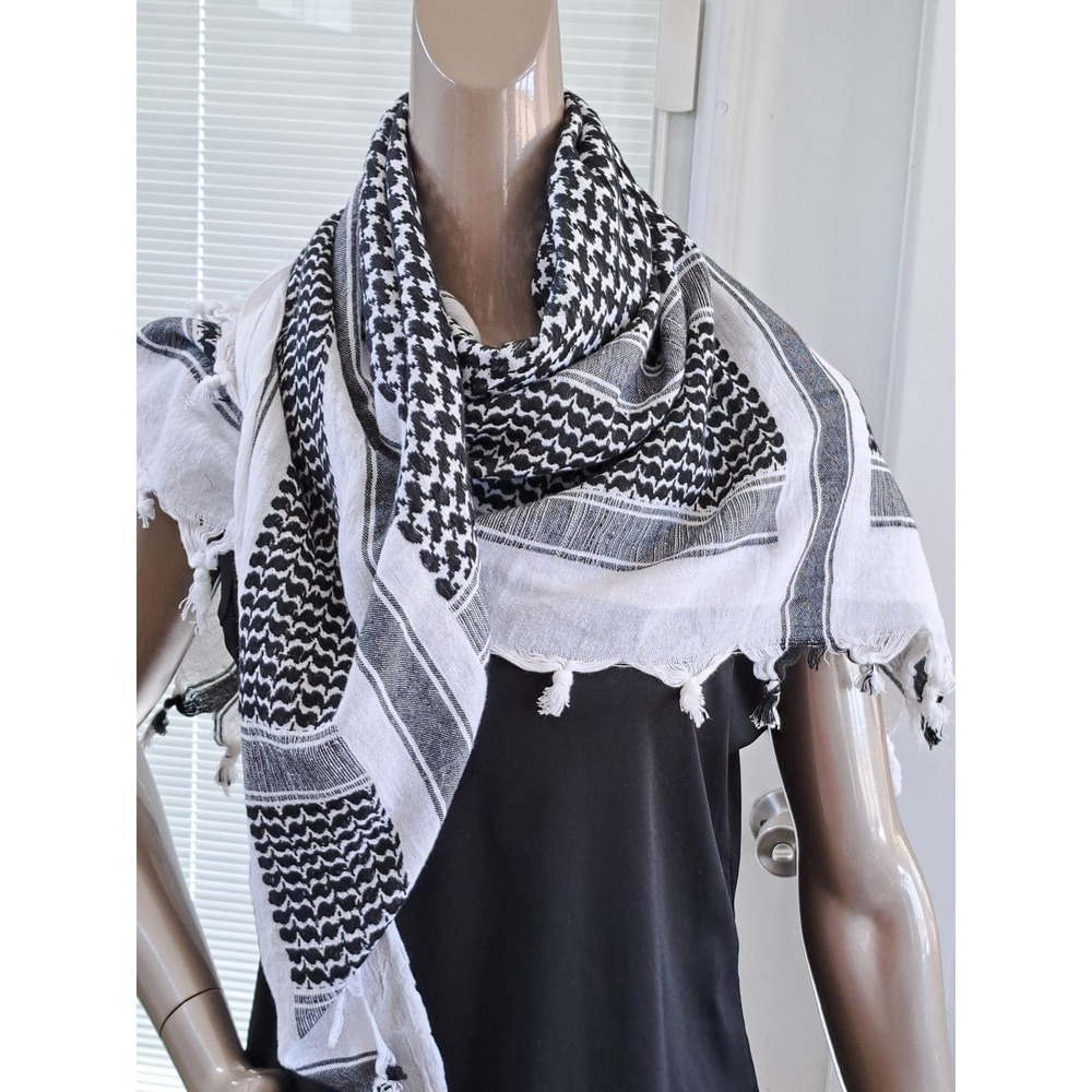 Keffiyeh Shemagh Scarf Black White Woven Tassel Fringe Square Desert Head Wrap